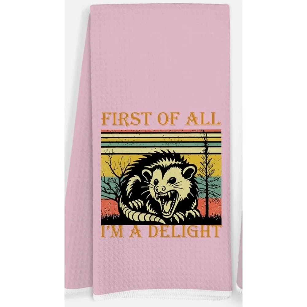 Opossum Waffle Weave Kitchen Towel Pink Funny Delight Retro